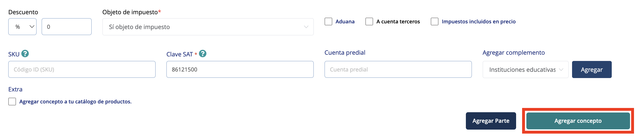Sección conceptos señalando el botón "Agregar concepto"